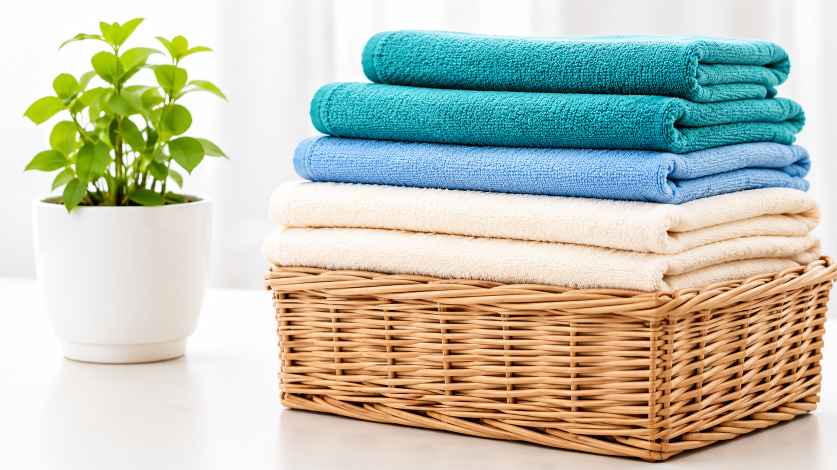 Folded clean towels in a basket
