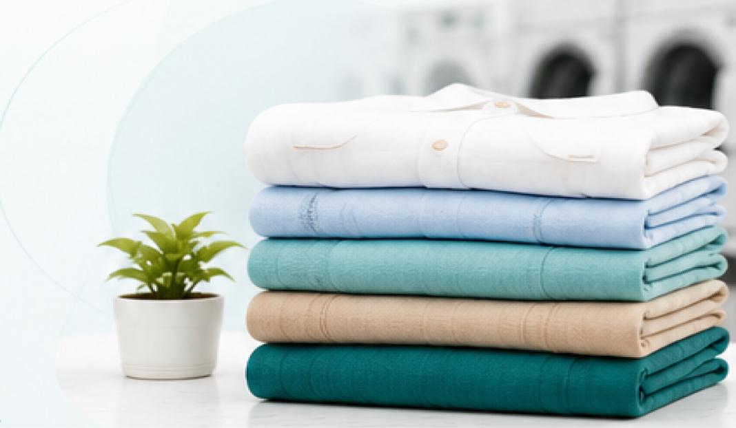 Folded clean clothes stacked with a small plant